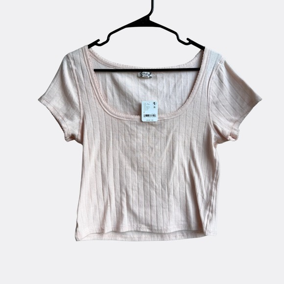 Free People End Game Pointelle Baby Tee Peach Ribbed Cropped NWT Size L - Picture 2 of 5